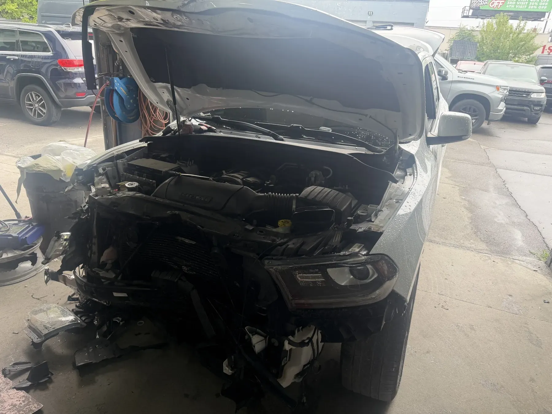 Dodge Durango: Cooling stack and front clip damage.